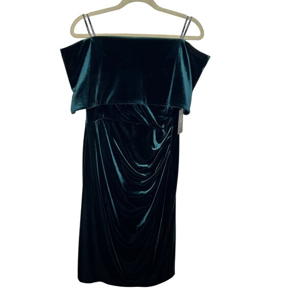Vince Camuto Off-Shoulder Dark Green Velvet Midi Dress Size 12 Evening Wear NWT - Picture 2 of 8